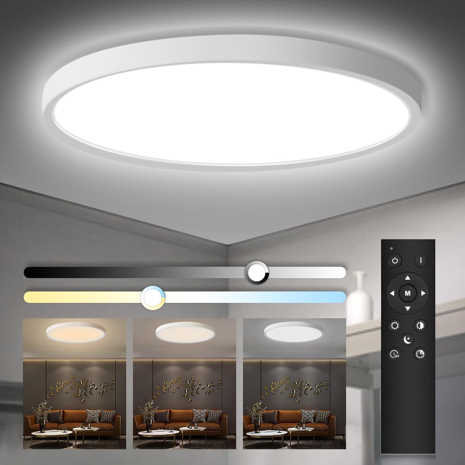 24W Dimmable LED Ceiling Light with Remote Control, 11.7 Inch Flat 3000K-6500K Color Adjustable Round Modern