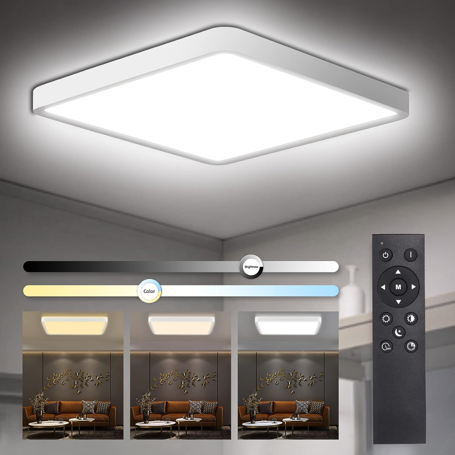 36W Dimmable LED Flush Mount Ceiling Light 11.7 Inch Square Flat with Remote Control,3000K-6500K Color Changeable