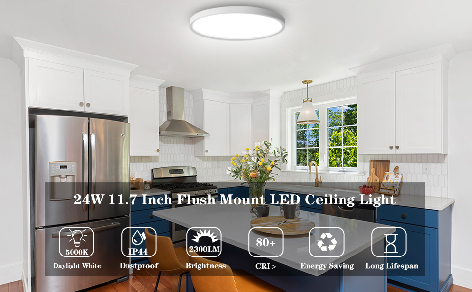 24W Flush Mount Ceiling Light, Low Profile 11.7 Inch Round 2300LM 5000K Daylight White - 图片 4