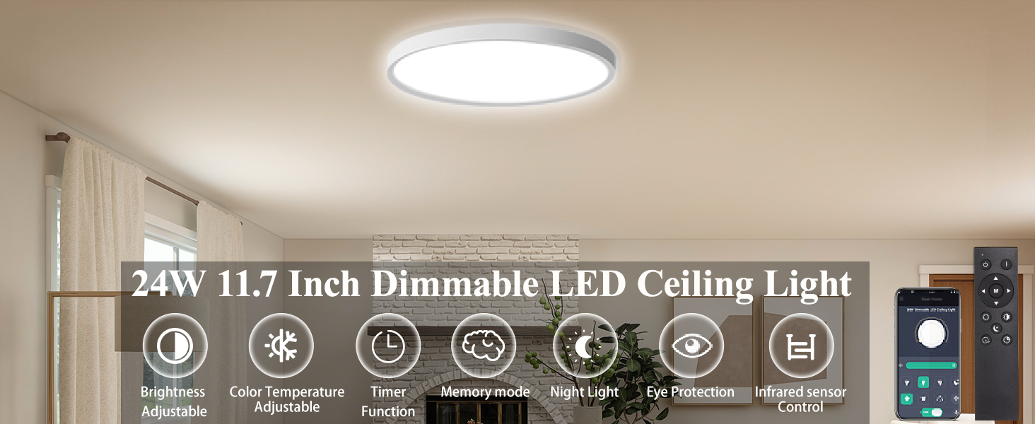 24W Dimmable LED Ceiling Light with Remote Control, 11.7 Inch Flat 3000K-6500K Color Adjustable Round Modern - 图片 10