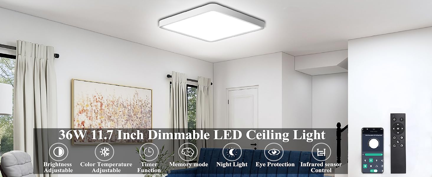 36W Dimmable LED Flush Mount Ceiling Light 11.7 Inch Square Flat with Remote Control,3000K-6500K Color Changeable - 图片 10