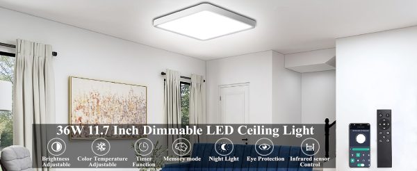 2 Packs 36W Dimmable LED Flush Mount Ceiling Light 11.7 Inch Square Flat with Remote Control 3000K-6500K Color Changeable - 图片 10
