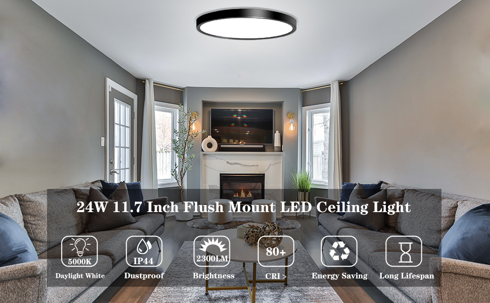 24W Flush Mount LED Ceiling Light Fixture, 11.7 Inch 5000K Daylight Ultra-Thin Round Modern Black - 图片 4
