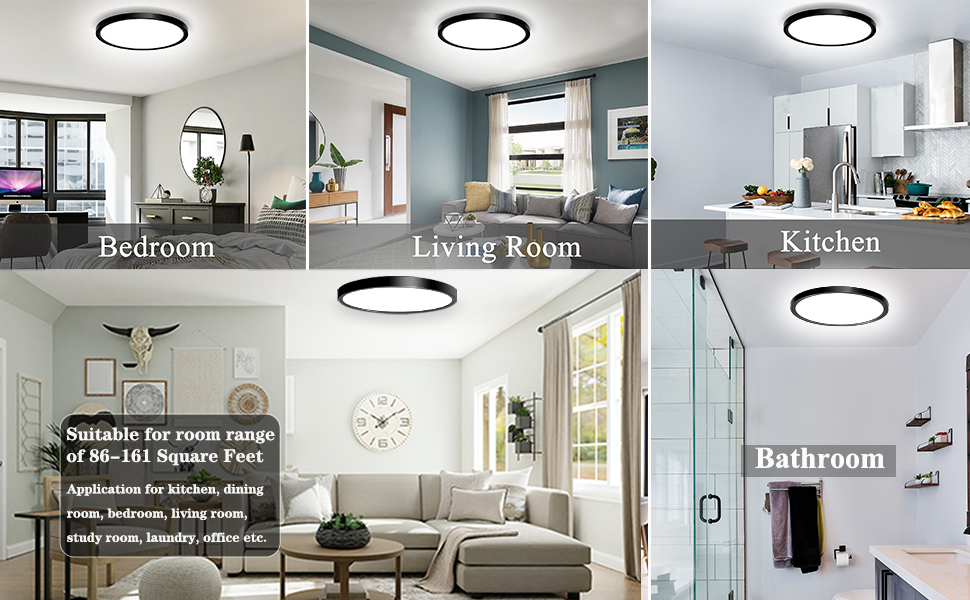 24W Flush Mount LED Ceiling Light Fixture, 11.7 Inch 5000K Daylight Ultra-Thin Round Modern Black - 图片 3