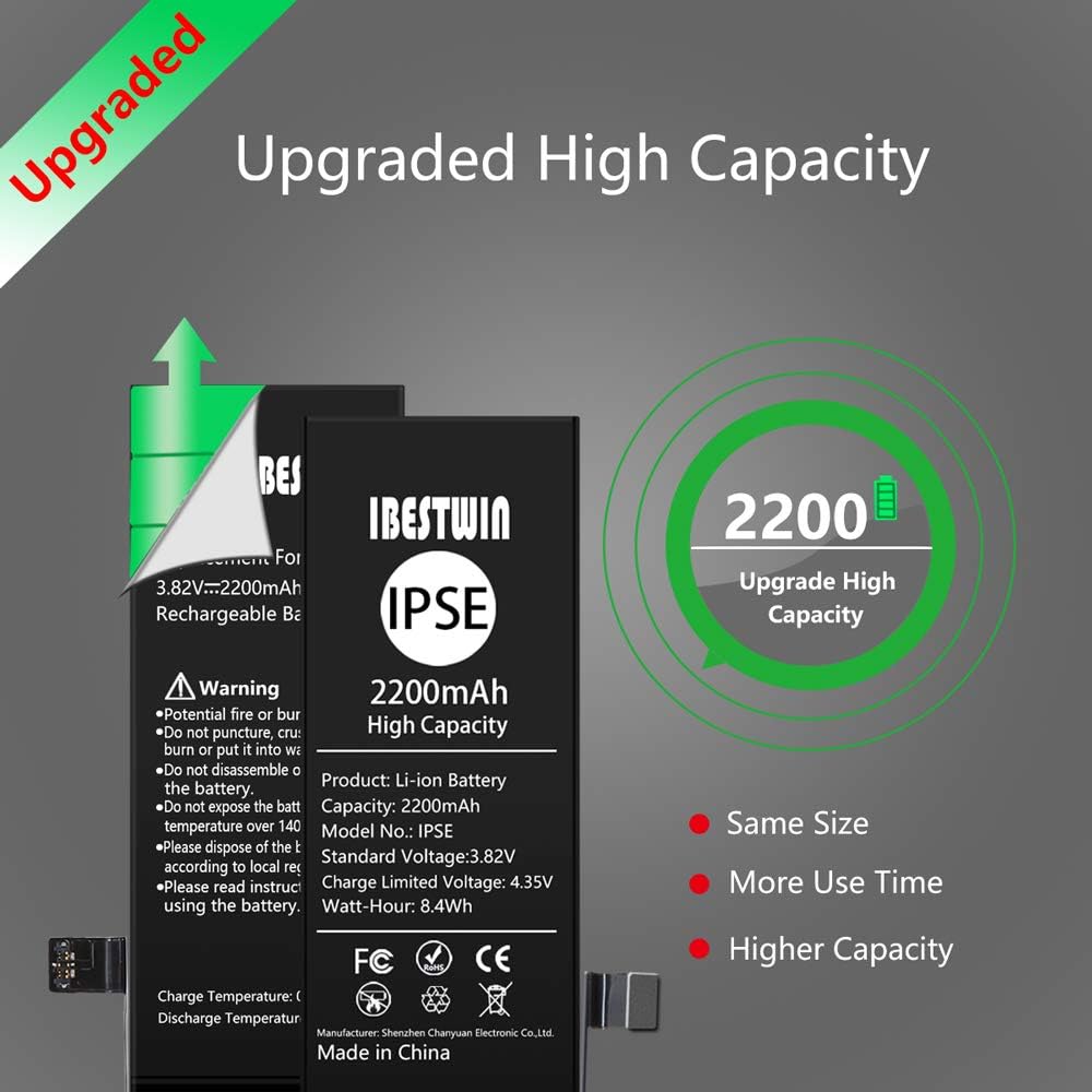 Upgraded High Capacity 2200mAh Replacement Battery for iPhone SE 1st Gen (2016 Version) with Full Remove Tool Kit - 图片 4