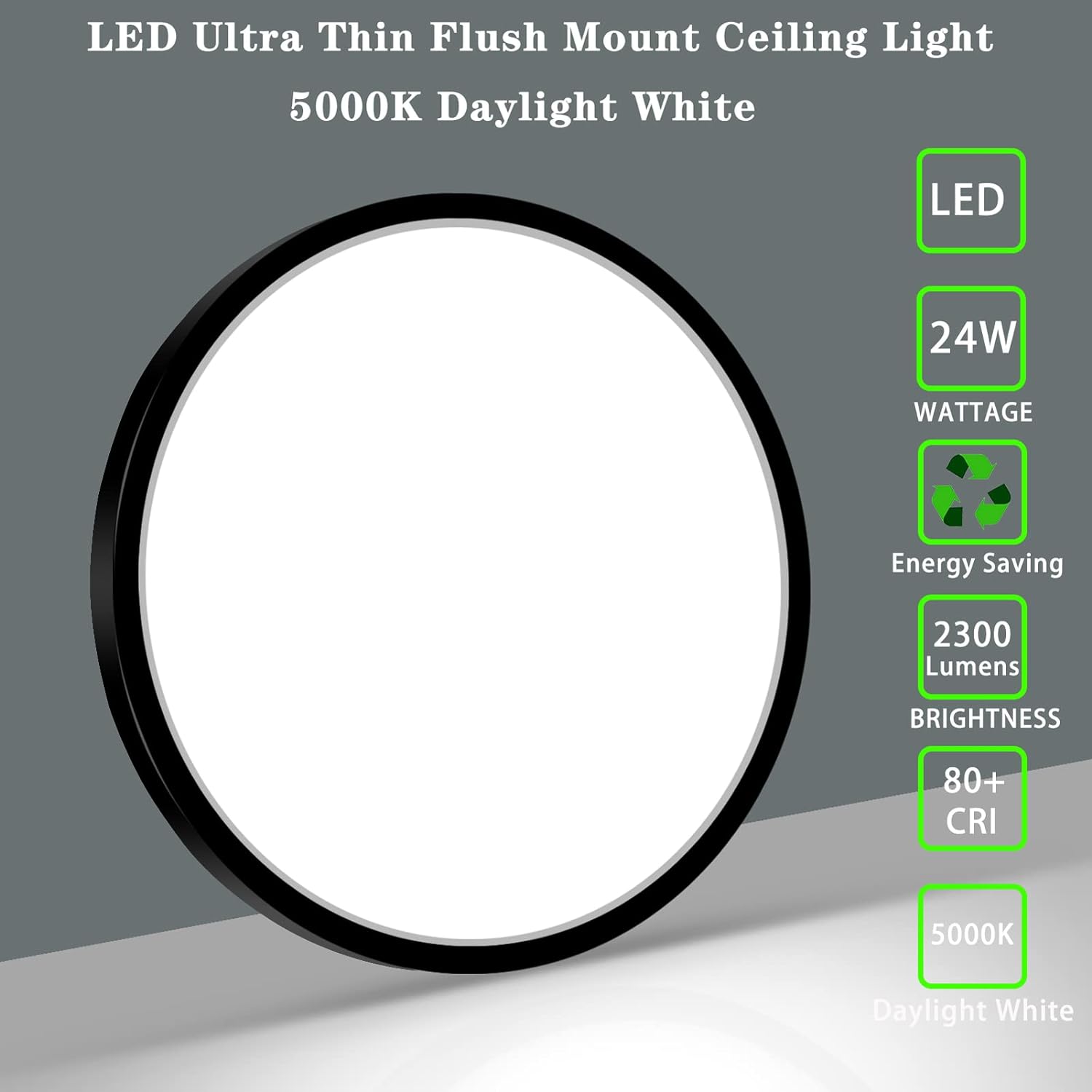 24W Flush Mount LED Ceiling Light Fixture, 11.7 Inch 5000K Daylight Ultra-Thin Round Modern Black - 图片 2