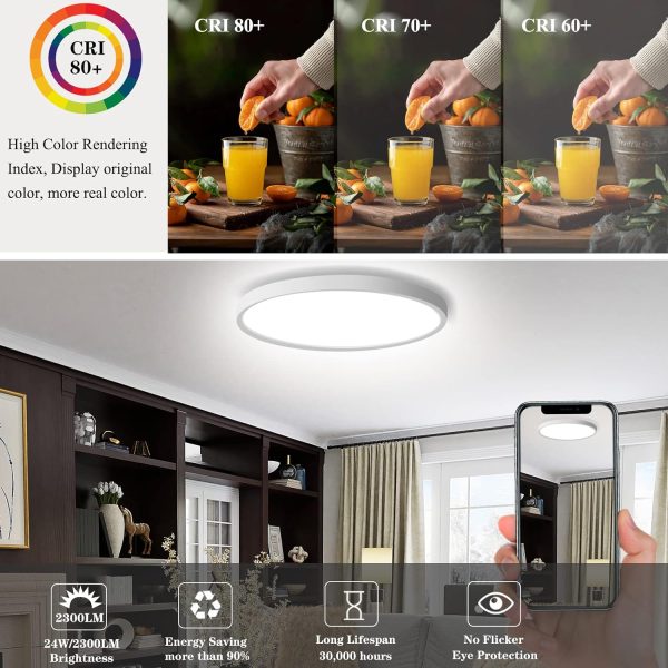 2 Pack 24W Flush Mount LED Ceiling Light, 11.7 Inch 5000K Daylight Ultra-Thin Round - 图片 3
