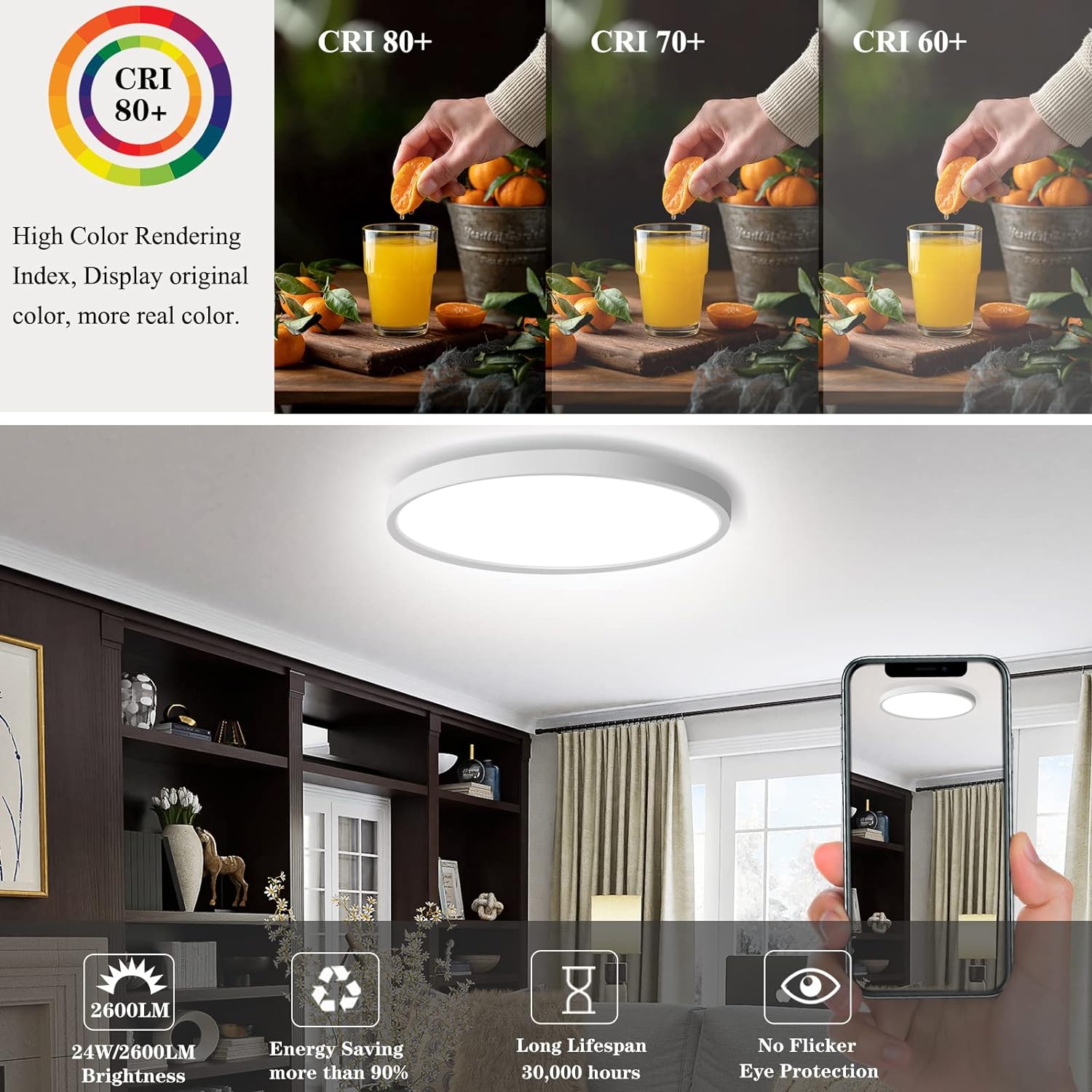 24W Dimmable LED Ceiling Light with Remote Control, 11.7 Inch Flat 3000K-6500K Color Adjustable Round Modern - 图片 4