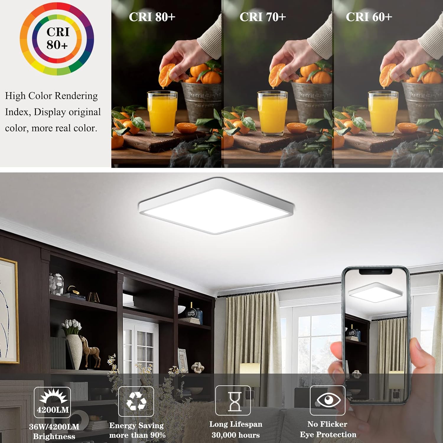 36W Dimmable LED Flush Mount Ceiling Light 11.7 Inch Square Flat with Remote Control,3000K-6500K Color Changeable - 图片 4
