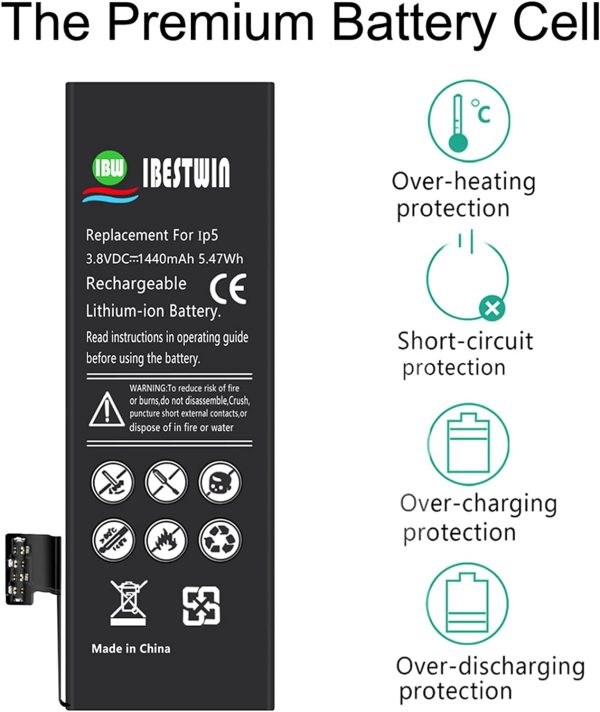 1440mAh Replacement Battery for iPhone 5 A1428, A1429 and A1442 with Replacement Tool Kits (Not for IP 5S or 5C) - 图片 4