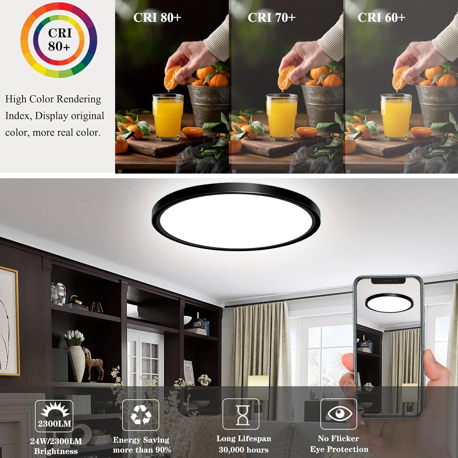 24W Flush Mount LED Ceiling Light Fixture, 11.7 Inch 5000K Daylight Ultra-Thin Round Modern Black - 图片 11