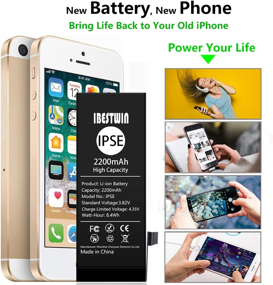 Upgraded High Capacity 2200mAh Replacement Battery for iPhone SE 1st Gen (2016 Version) with Full Remove Tool Kit - 图片 6