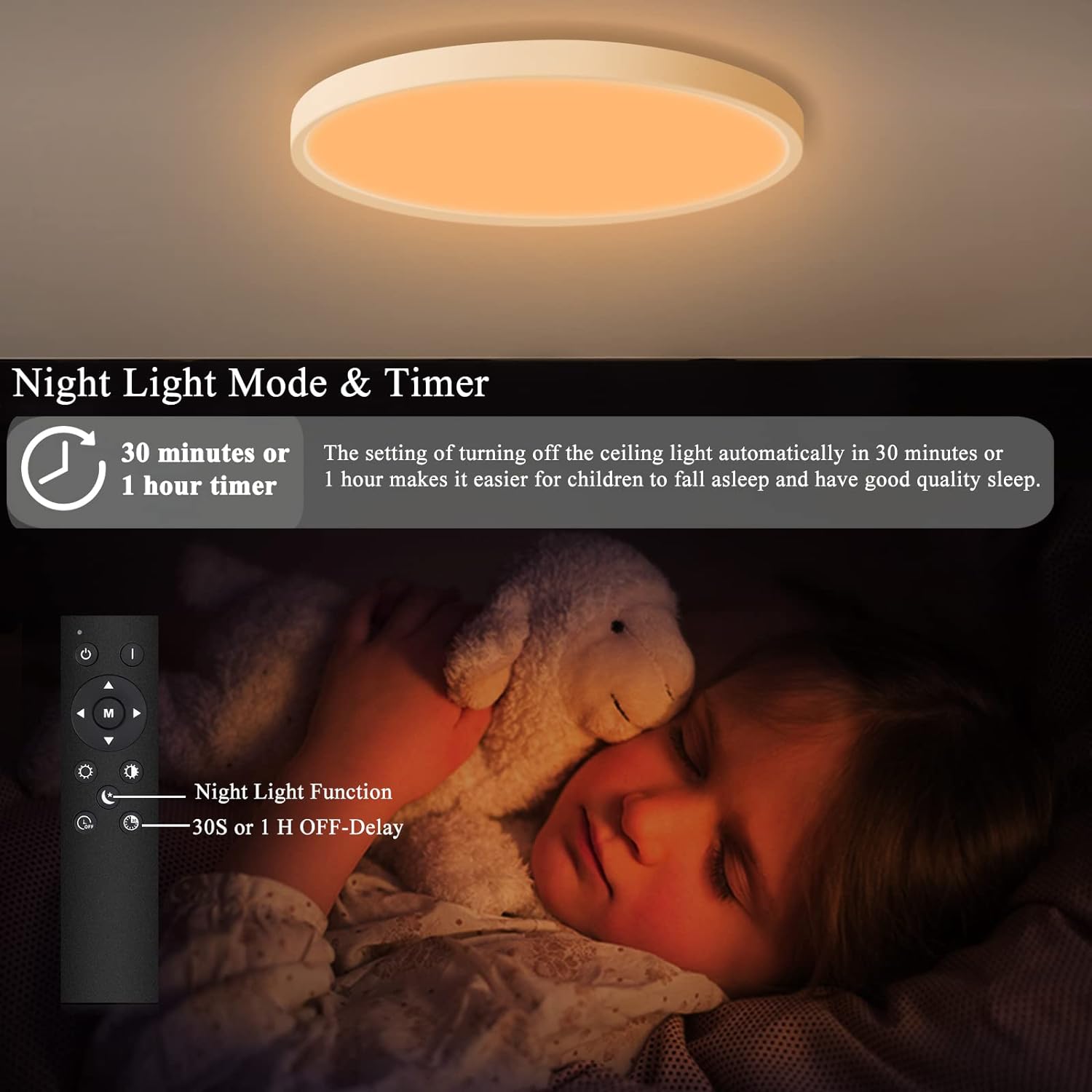 24W Dimmable LED Ceiling Light with Remote Control, 11.7 Inch Flat 3000K-6500K Color Adjustable Round Modern - 图片 5