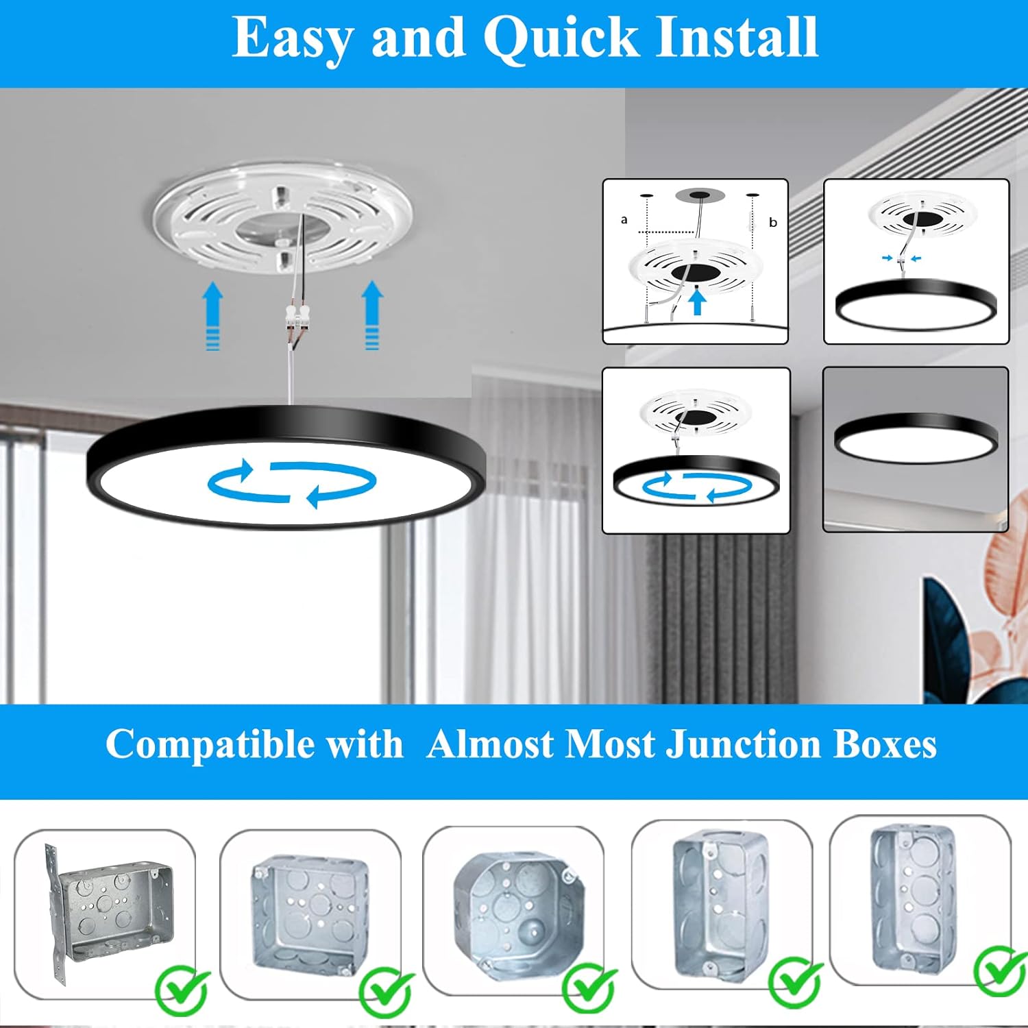 24W Flush Mount LED Ceiling Light Fixture, 11.7 Inch 5000K Daylight Ultra-Thin Round Modern Black - 图片 10