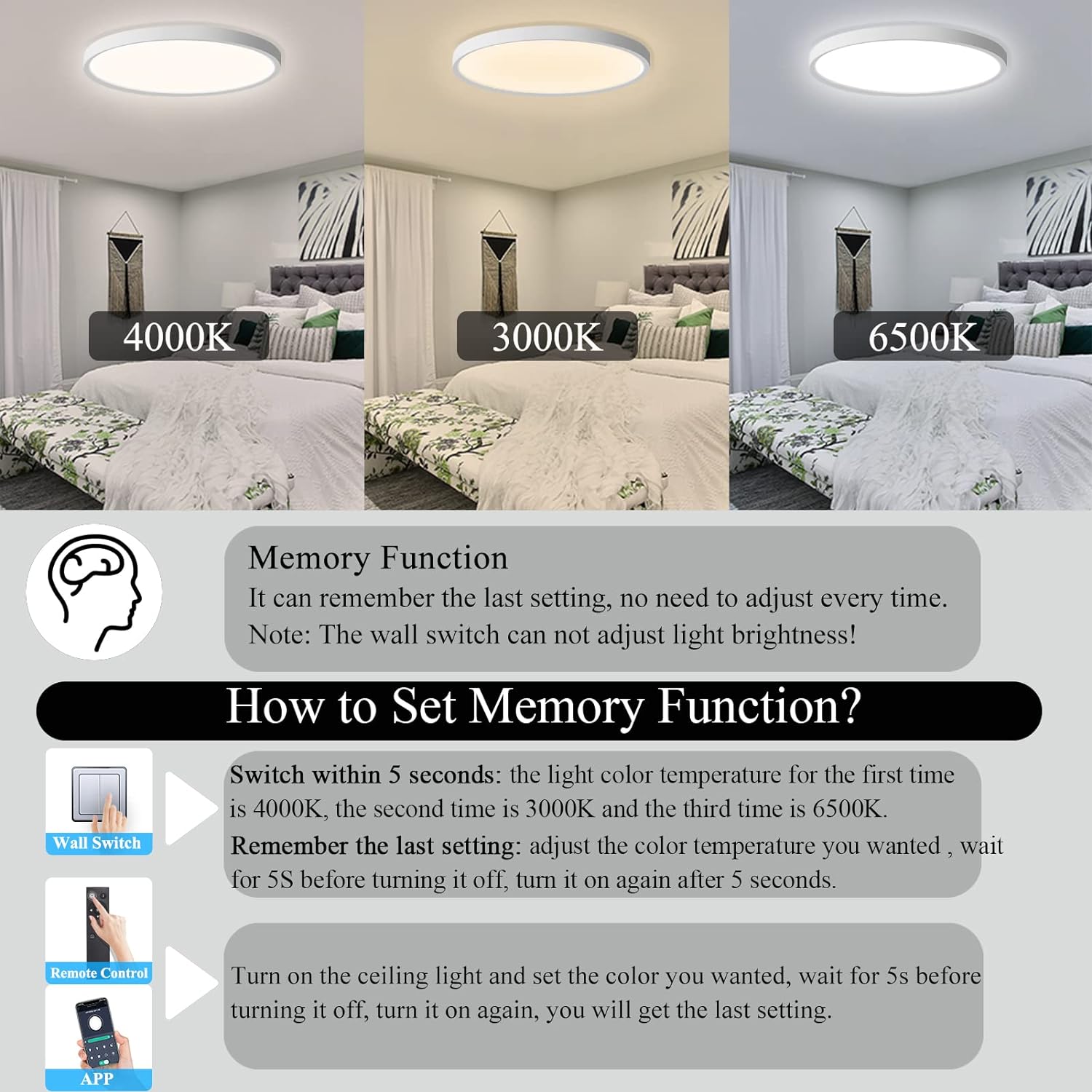 24W Dimmable LED Ceiling Light with Remote Control, 11.7 Inch Flat 3000K-6500K Color Adjustable Round Modern - 图片 6