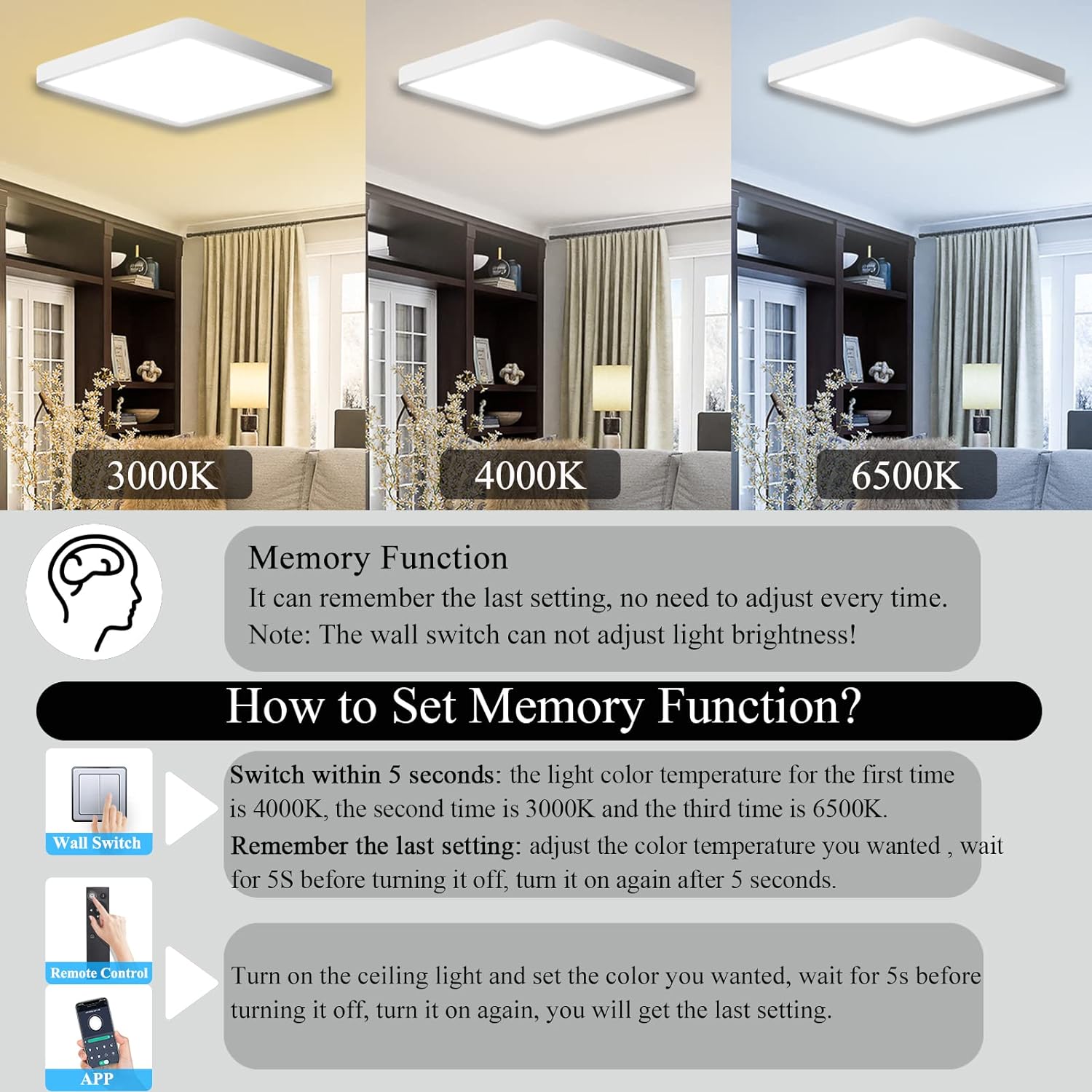 36W Dimmable LED Flush Mount Ceiling Light 11.7 Inch Square Flat with Remote Control,3000K-6500K Color Changeable - 图片 6