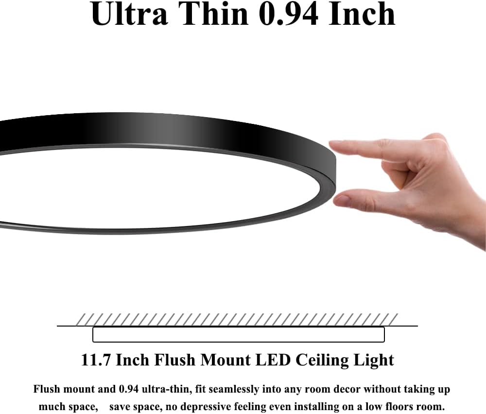 24W Flush Mount LED Ceiling Light Fixture, 11.7 Inch 5000K Daylight Ultra-Thin Round Modern Black - 图片 9