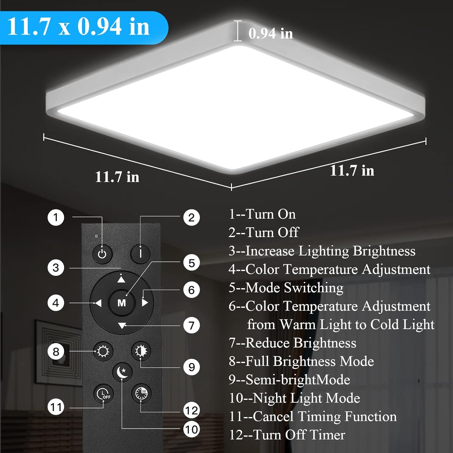 36W Dimmable LED Flush Mount Ceiling Light 11.7 Inch Square Flat with Remote Control,3000K-6500K Color Changeable - 图片 7
