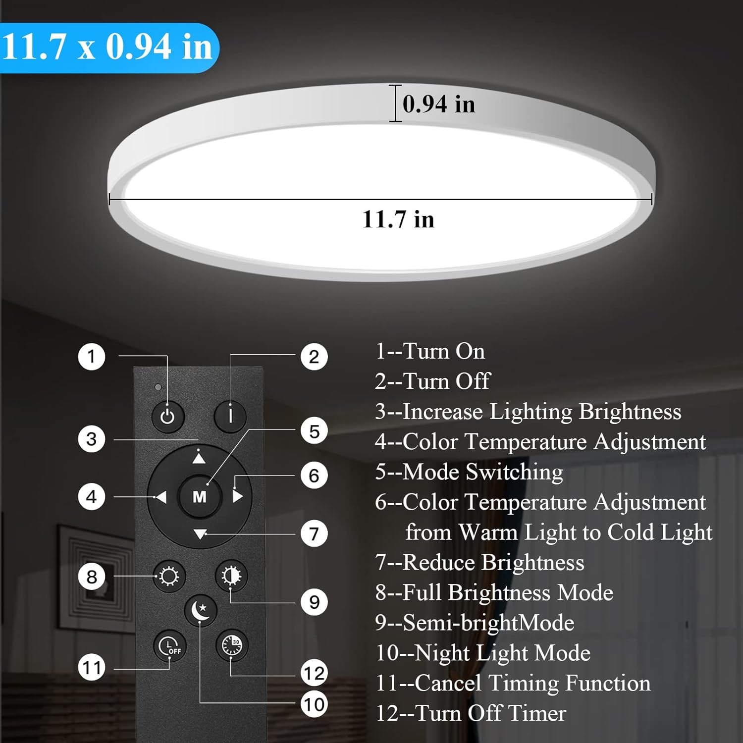 24W Dimmable LED Ceiling Light with Remote Control, 11.7 Inch Flat 3000K-6500K Color Adjustable Round Modern - 图片 9